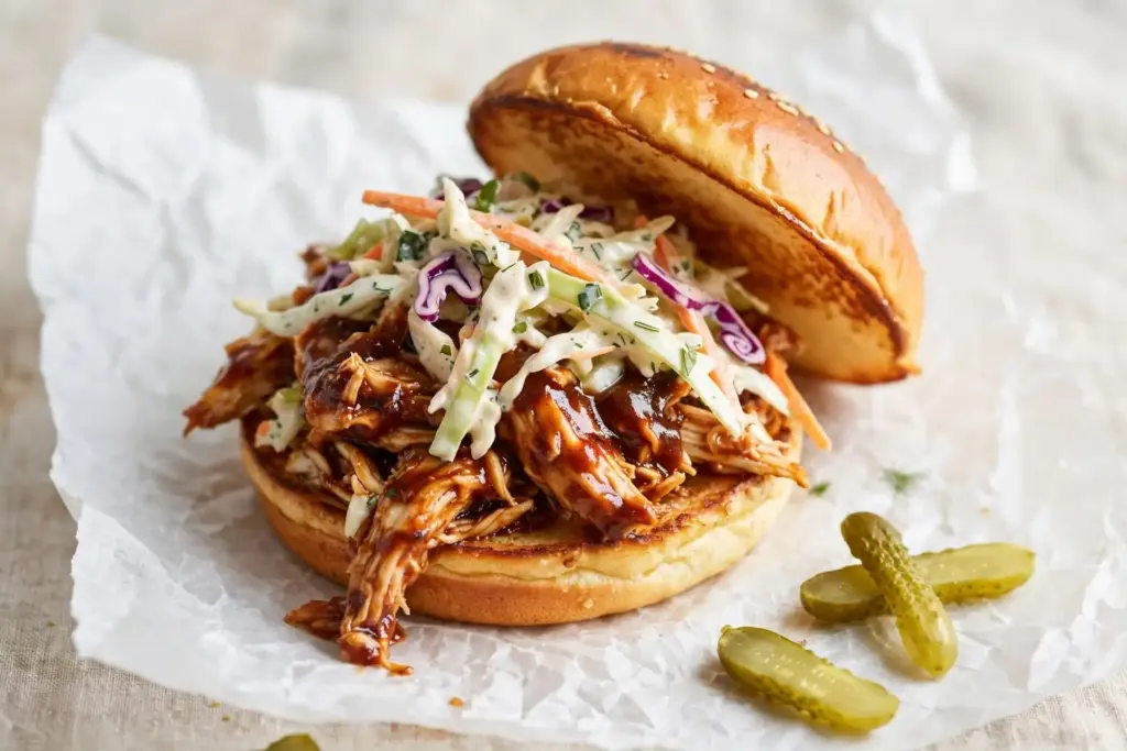 10 Shredded Chicken Recipes for Effortless Weeknight Dinners 2 A 45-degree shot of a BBQ pulled chicken sandwich on a toasted brioche bun, slightly open so the sauced chicken and slaw are visible, plated on wax paper with a few extra pickles scattered nearby, shot in bright, soft natural light with minimal props.