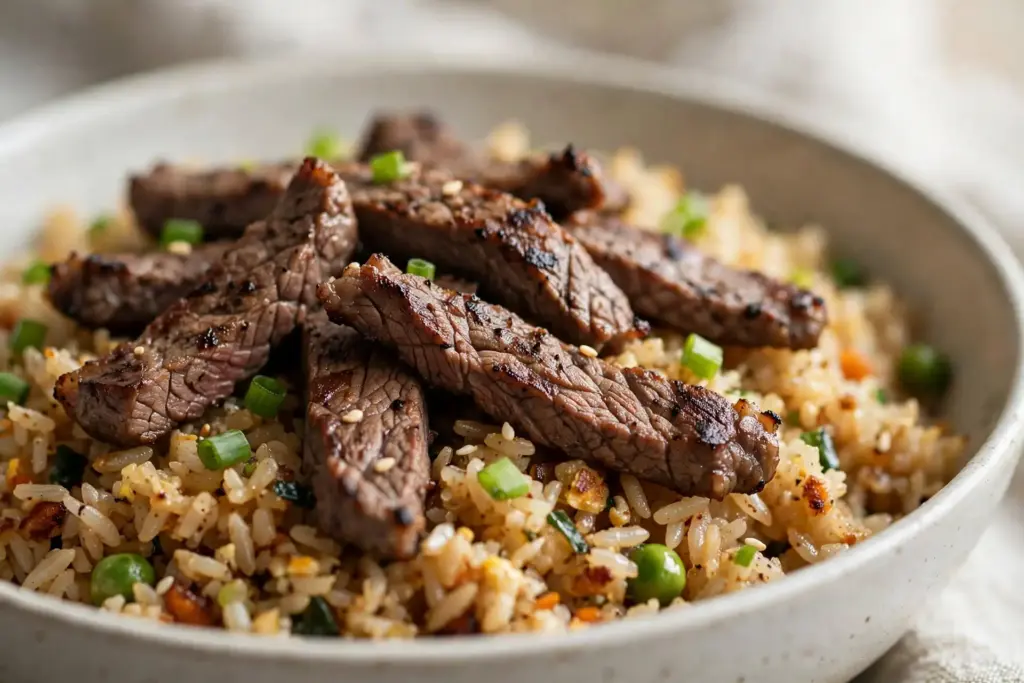 Close-up of seared beef strips over fried rice from this fried rice recipe collection