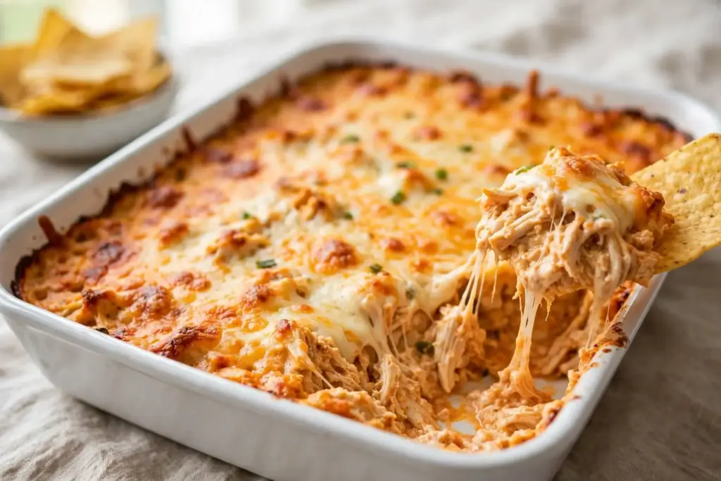 10 Shredded Chicken Recipes for Effortless Weeknight Dinners 3 A 45-degree shot of baked buffalo chicken dip in a white baking dish, a tortilla chip lifting a cheesy scoop out of the corner to show texture, shot in bright, soft natural light, minimal props, a small bowl of extra chips just out of focus.