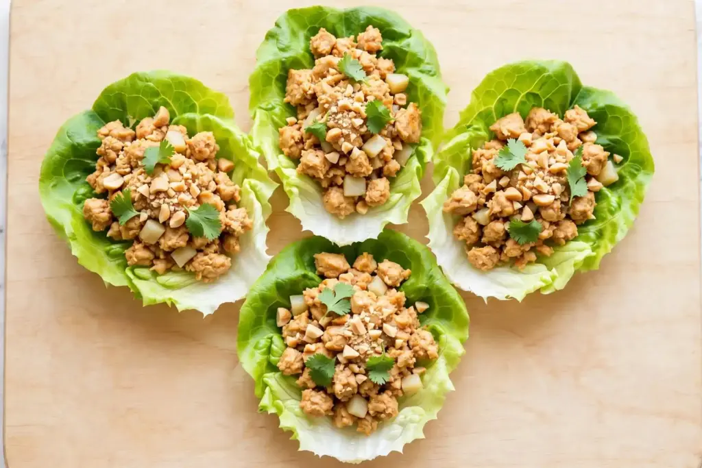 Butter lettuce cups filled with ground chicken and water chestnuts, from this collection of ground chicken recipes