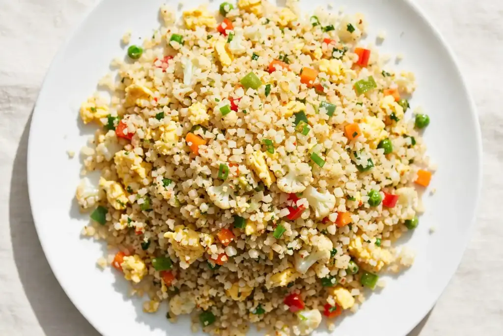 Overhead shot of cauliflower fried rice, the low-carb recipe closing out this roundup