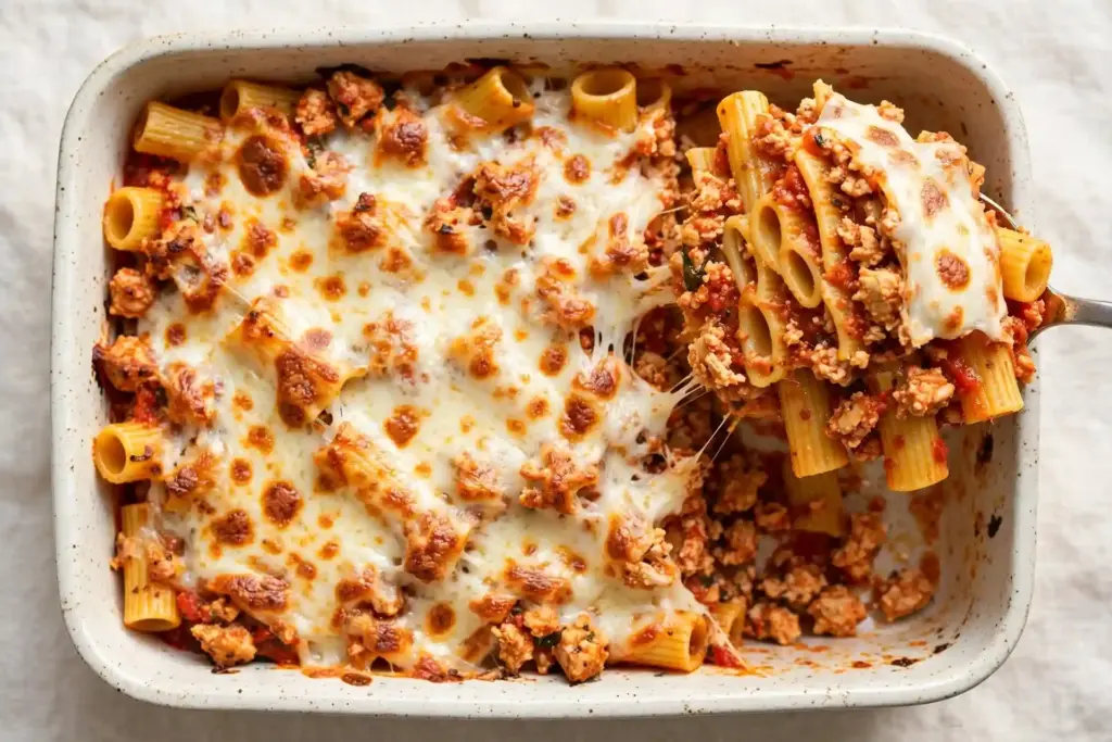 Baked ground chicken pasta with melted cheese on top, the last of the 10 recipes in this ground chicken roundup
