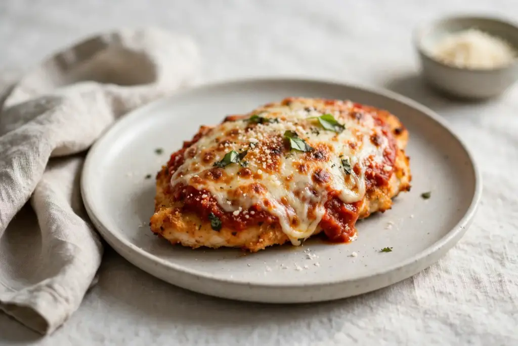 Crispy Baked Chicken Parmesan Recipe (Stays Crunchy Under the Sauce) 2 chicken parmesan recipe, finished dish shown at a 45-degree or overhead angle in bright natural light with minimal props