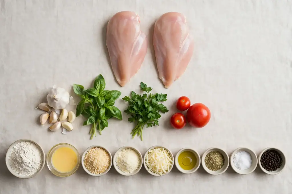 Crispy Baked Chicken Parmesan Recipe (Stays Crunchy Under the Sauce) 3 chicken parmesan recipe ingredients arranged in an overhead flat lay on a neutral background before prepping