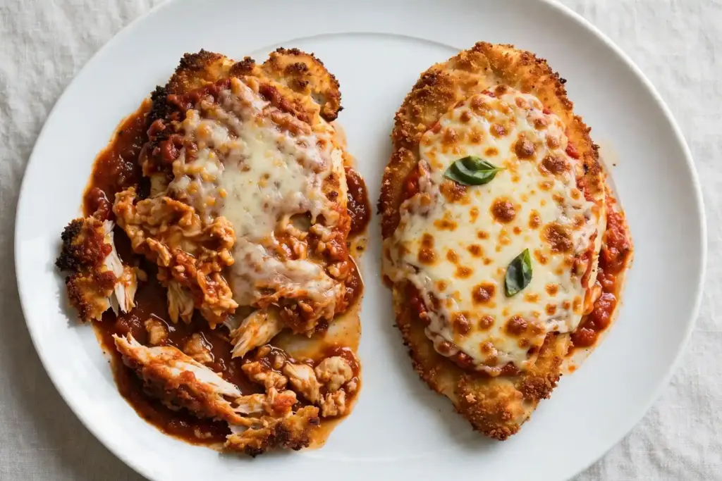 Crispy Baked Chicken Parmesan Recipe (Stays Crunchy Under the Sauce) 5 chicken parmesan comparison showing soggy breading versus a crisp, correctly seared crust