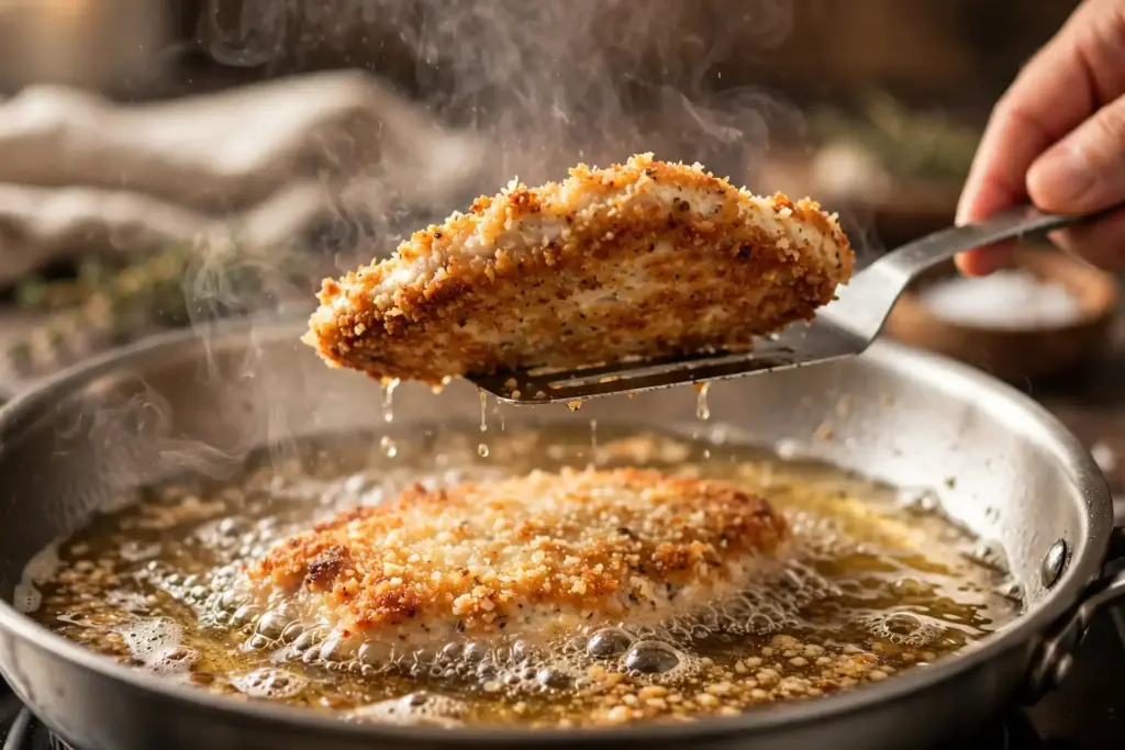 Crispy Baked Chicken Parmesan Recipe (Stays Crunchy Under the Sauce) 4 close-up of chicken parmesan cutlets searing in a skillet, showing the golden crust forming