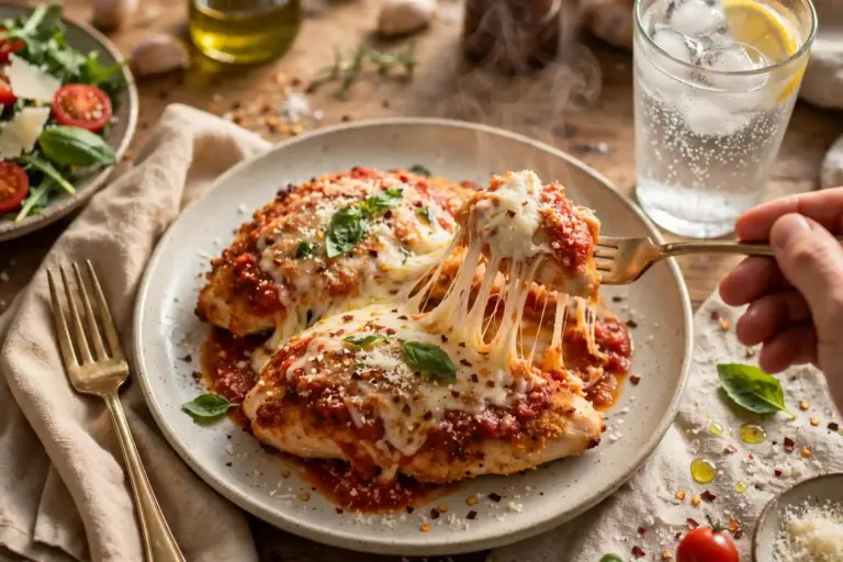 chicken parmesan plated and garnished for serving with a cheese pull from a lifted forkful