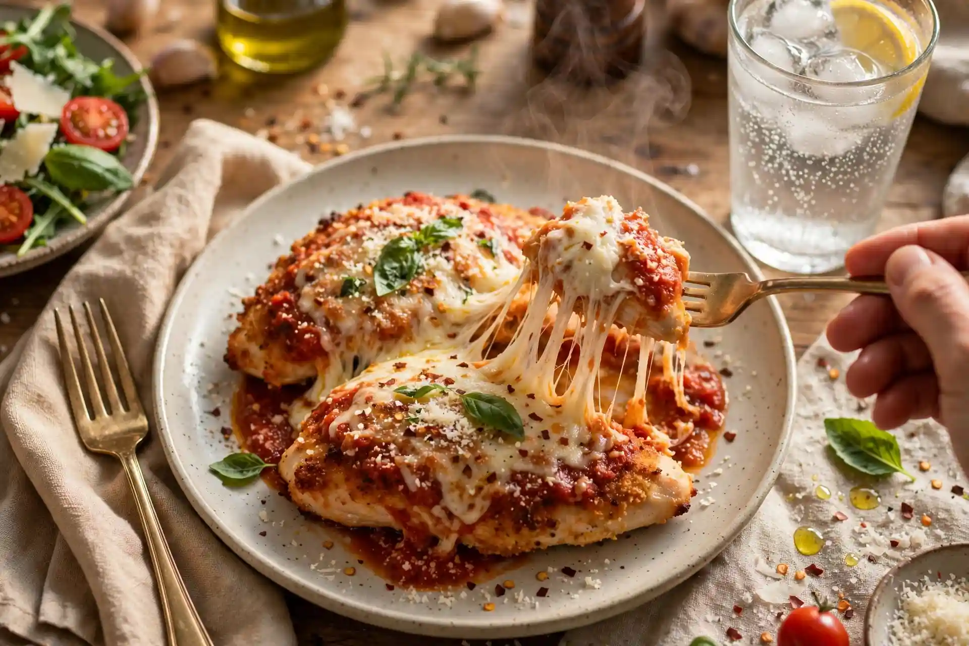 Crispy Baked Chicken Parmesan Recipe (Stays Crunchy Under the Sauce) 9 chicken parmesan plated and garnished for serving with a cheese pull from a lifted forkful