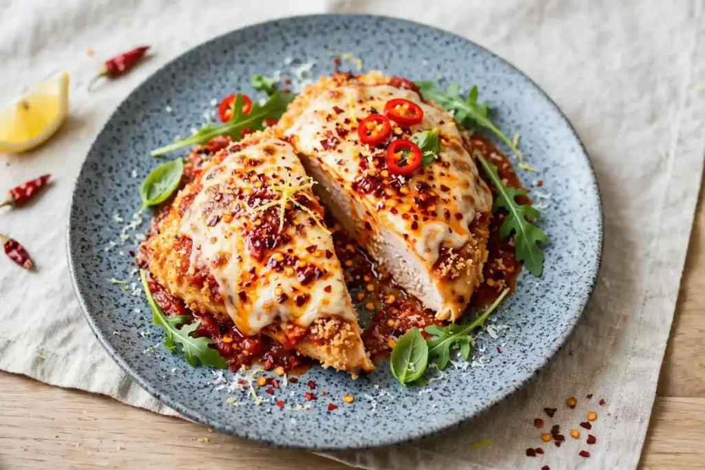Crispy Baked Chicken Parmesan Recipe (Stays Crunchy Under the Sauce) 7 chicken parmesan variation showing the spicy version with red pepper flakes