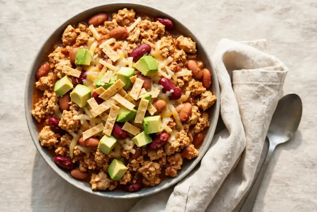 Bowl of thick ground chicken chili topped with avocado and cheese, part of this roundup of ground chicken recipes