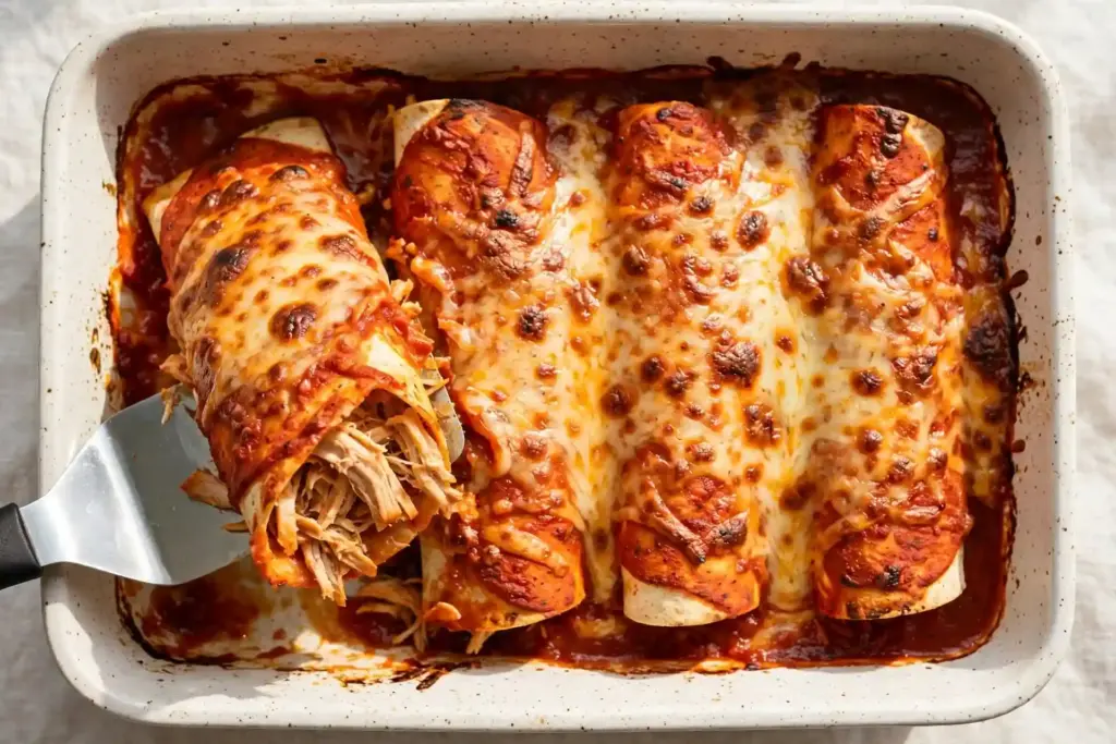 10 Shredded Chicken Recipes for Effortless Weeknight Dinners 5 Baking dish of chicken enchiladas with melted cheese, one of 10 recipes in this shredded chicken roundup