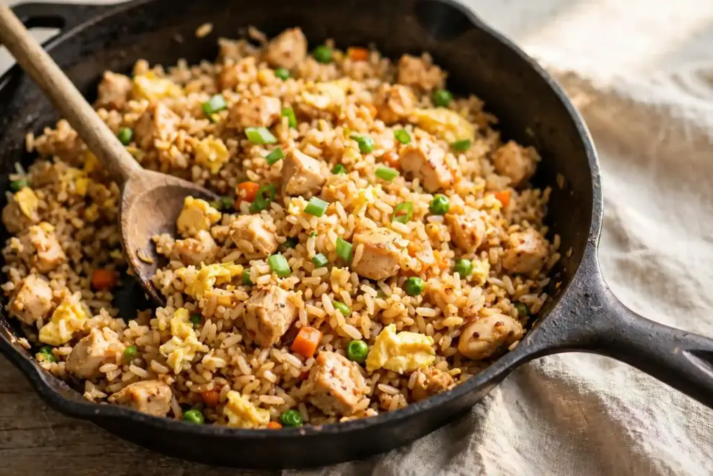 Chicken fried rice served in a cast iron skillet, recipe number 3 in this fried rice roundup