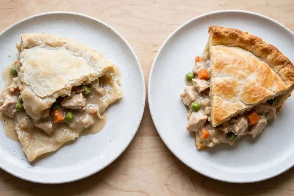 Classic Chicken Pot Pie (Buttery Crust, Creamy Filling, Made From Scratch) 5 Chicken pot pie comparison showing a soggy bottom crust versus a crisp, properly baked bottom crust