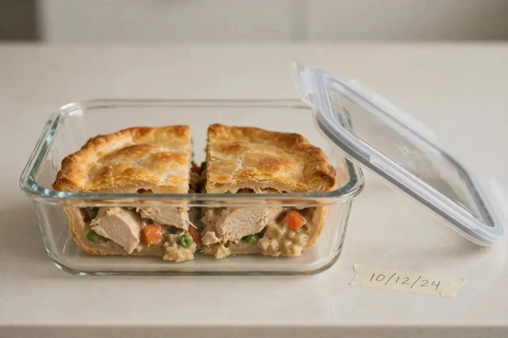 Classic Chicken Pot Pie (Buttery Crust, Creamy Filling, Made From Scratch) 6 Chicken pot pie portioned into a storage container ready for the fridge