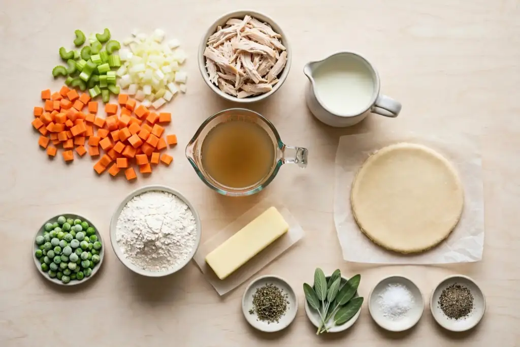 Classic Chicken Pot Pie (Buttery Crust, Creamy Filling, Made From Scratch) 3 Chicken pot pie ingredients arranged in an overhead flat lay before cooking begins