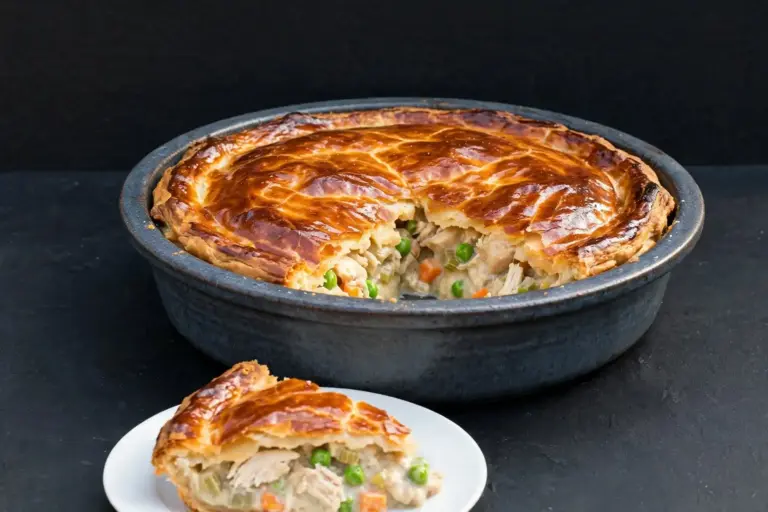 Chicken pot pie featured image, whole baked pie with one slice cut, styled for the article thumbnail
