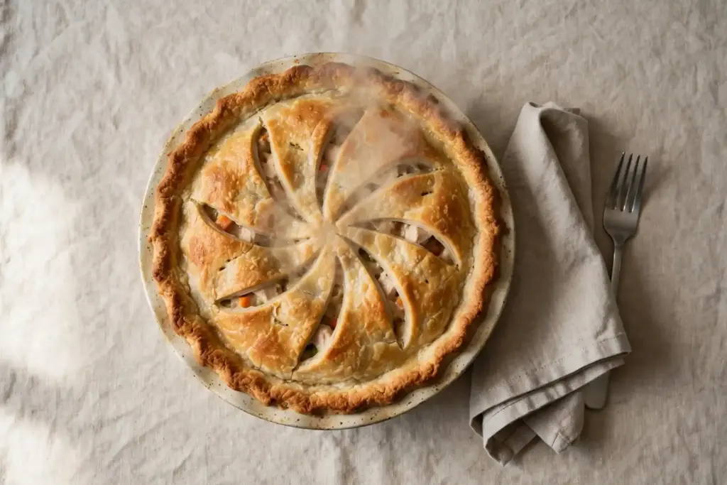 Classic Chicken Pot Pie (Buttery Crust, Creamy Filling, Made From Scratch) 2 Chicken pot pie shown whole from overhead with steam rising through the vented crust
