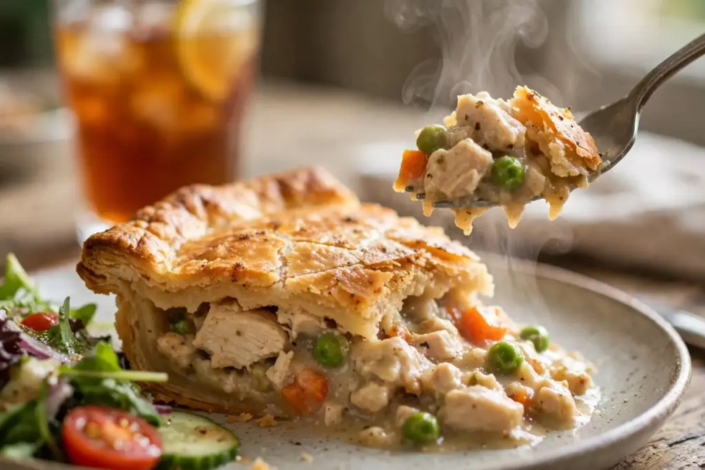 Classic Chicken Pot Pie (Buttery Crust, Creamy Filling, Made From Scratch) 8 Chicken pot pie plated with a fork lifting a bite, steam rising from the filling