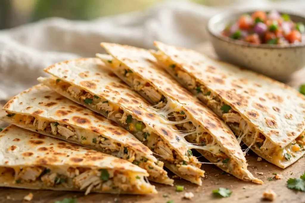 10 Shredded Chicken Recipes for Effortless Weeknight Dinners 11 Chicken quesadilla wedges fanned out showing cheese pull, the last of these 10 shredded chicken recipes
