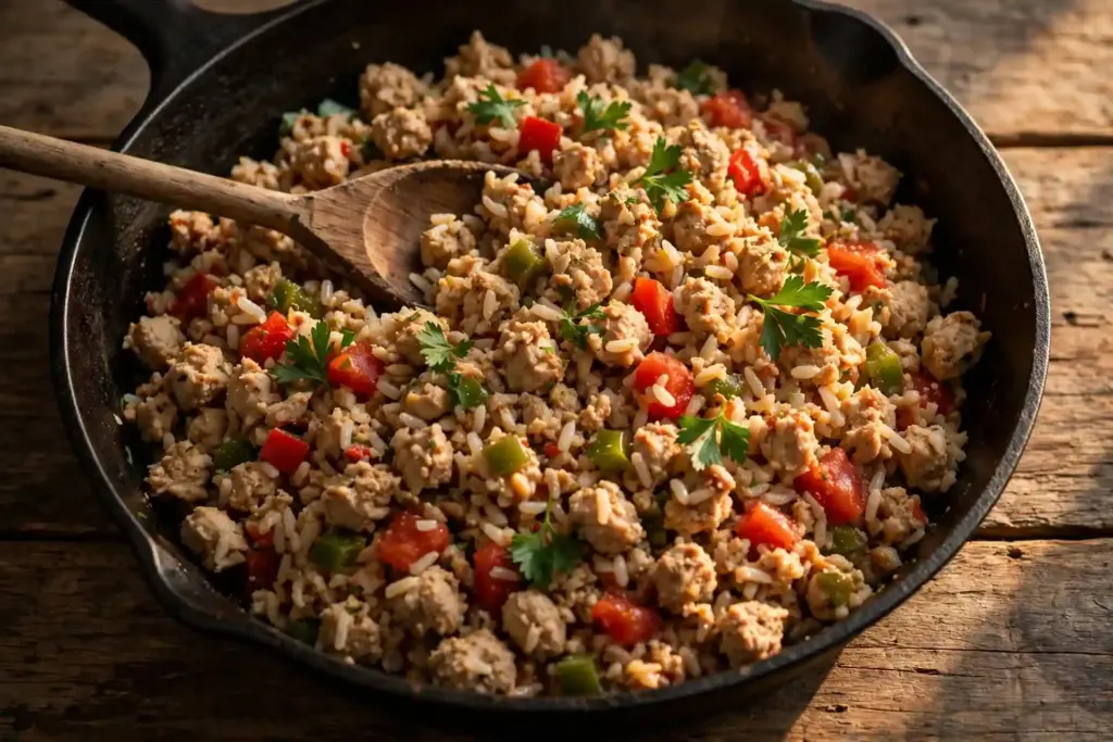 Cast iron skillet of ground chicken and rice, one of the 10 easy ground chicken recipes here