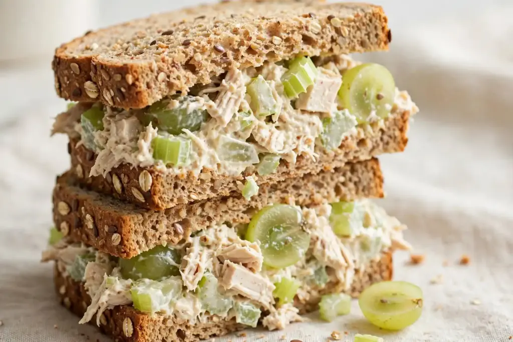 10 Shredded Chicken Recipes for Effortless Weeknight Dinners 9 Chicken salad sandwich cut in half showing filling with celery and grapes, from this shredded chicken roundup