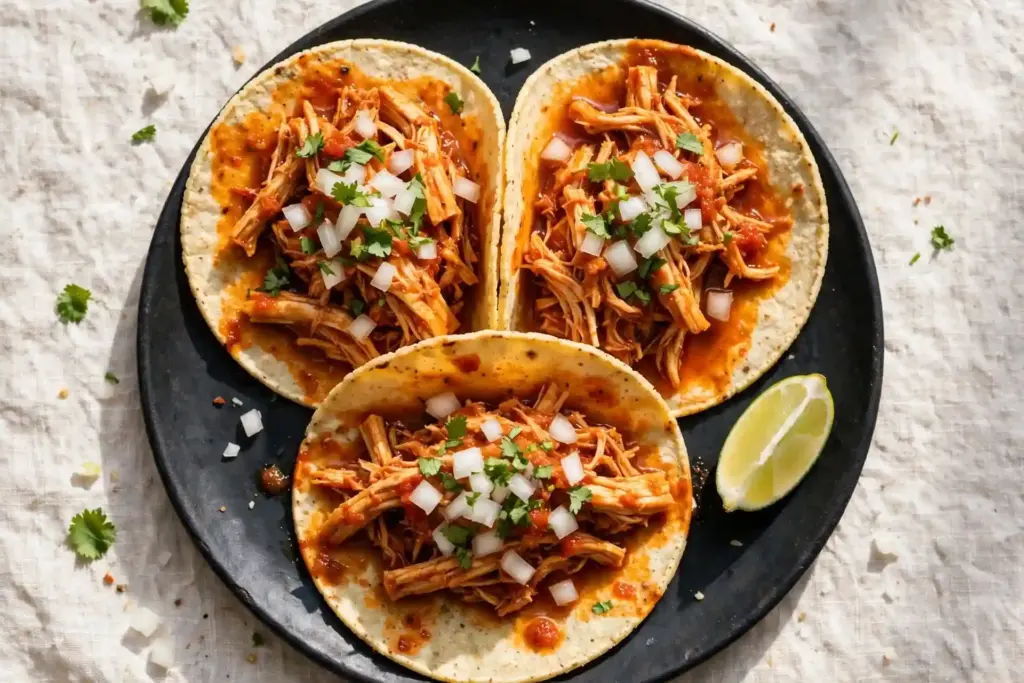 10 Shredded Chicken Recipes for Effortless Weeknight Dinners 4 An overhead shot of three chicken tinga tacos on small corn tortillas, fanned out on a dark plate, sauce visibly soaked into the tortilla edges, topped with diced onion and cilantro, a lime wedge on the side, shot in bright natural light.