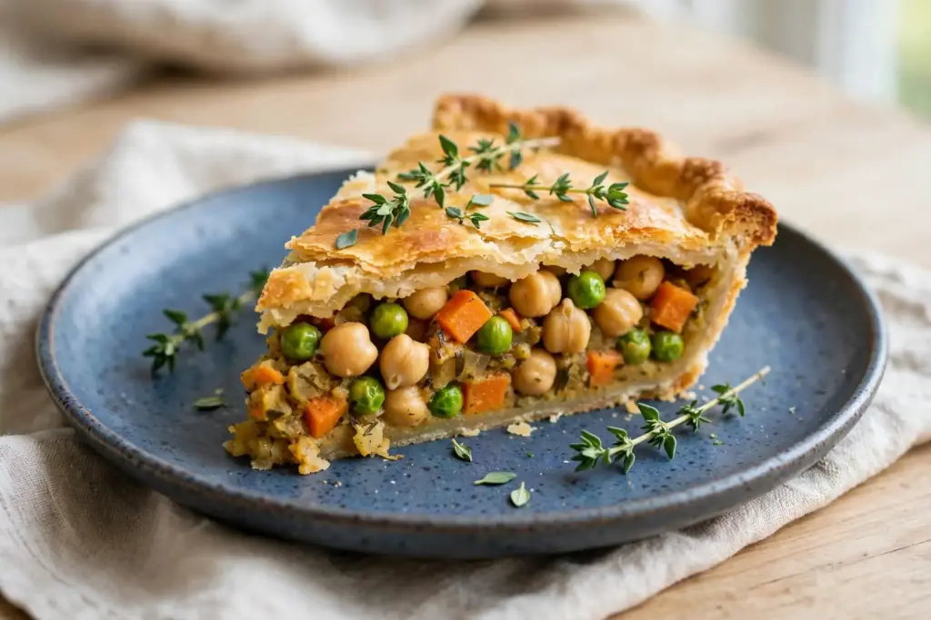 Classic Chicken Pot Pie (Buttery Crust, Creamy Filling, Made From Scratch) 7 Vegetarian chickpea version of chicken pot pie plated with fresh thyme garnish