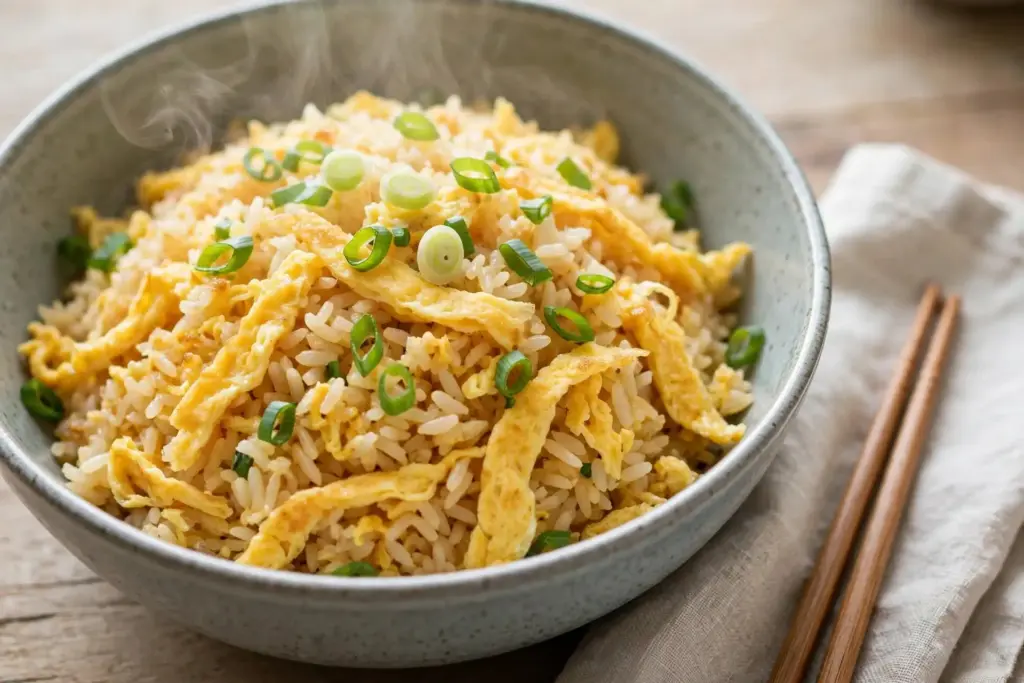 Bowl of classic egg fried rice with scallions, the first recipe in this fried rice recipe roundup