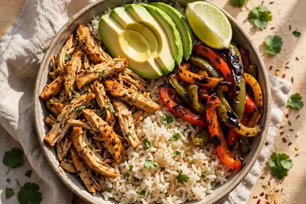 10 Shredded Chicken Recipes for Effortless Weeknight Dinners 8 fajita bowl overhead