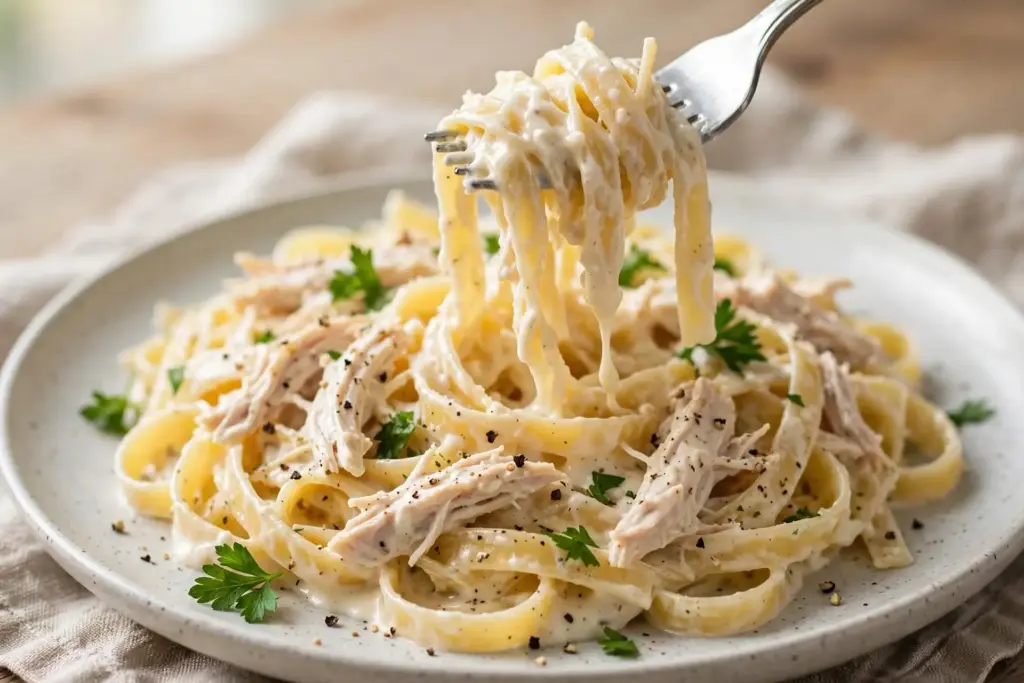 10 Shredded Chicken Recipes for Effortless Weeknight Dinners 7 An overhead shot of a bowl of chicken noodle soup, broth clear enough that carrots, celery, and noodles are visible below the surface, a sprig of dill on top, shot in bright natural light with a spoon resting beside the bowl.