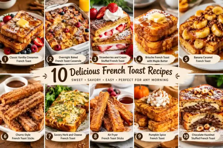 10 Best French Toast Recipes for Breakfast or Brunch 1 French toast recipes roundup featured image showing four of the ten dishes, including classic, stuffed, casserole, and sticks