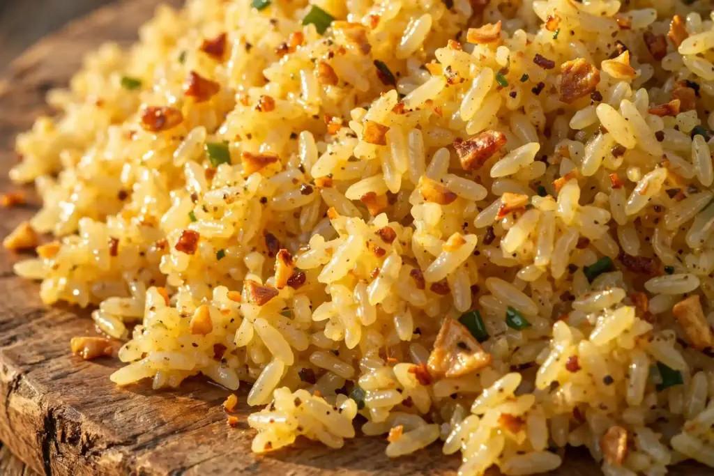 Glossy garlic butter fried rice with toasted garlic, a rich option in this recipe roundup