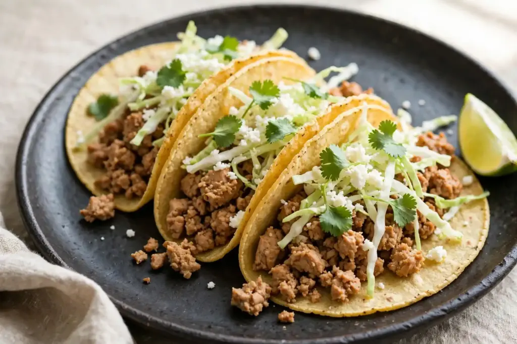 Three ground chicken tacos topped with cabbage and cotija, one of 10 recipes in this roundup