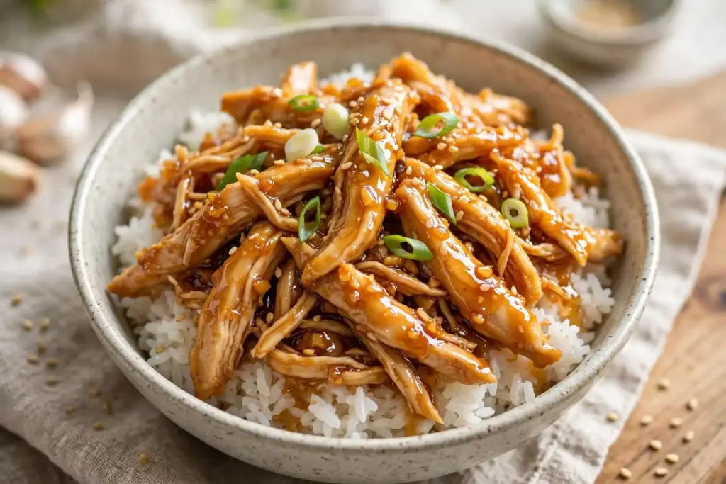 10 Shredded Chicken Recipes for Effortless Weeknight Dinners 10 Bowl shot from a 45-degree angle, glossy sauce visible coating the chicken, scallions and sesame seeds scattered on top.