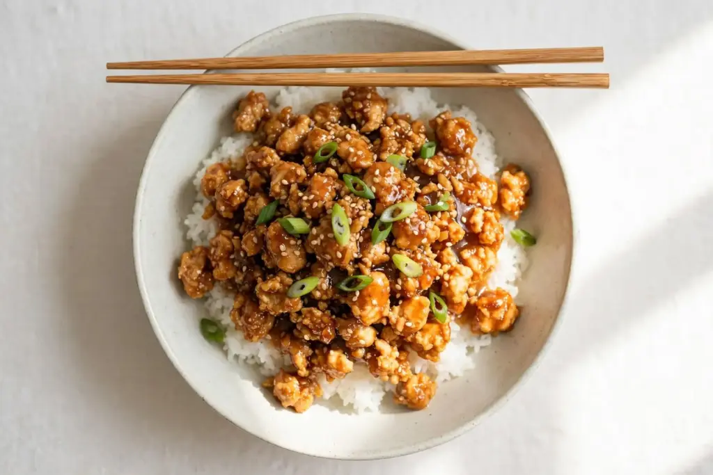 Overhead bowl of honey garlic ground chicken and rice, one of the 10 ground chicken recipes on this list