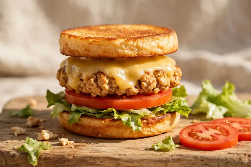 Stacked ground chicken burger with melted cheese and toasted bun, one recipe from this ground chicken roundup