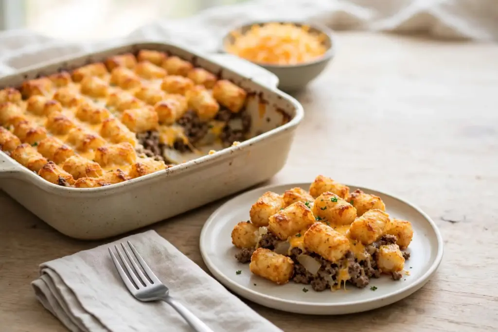 Cheesy Tater Tot Casserole Recipe (The One My Kids Actually Fight Over) 2 Tater tot casserole, finished dish shown at a 45 degree angle in bright natural light with minimal props
