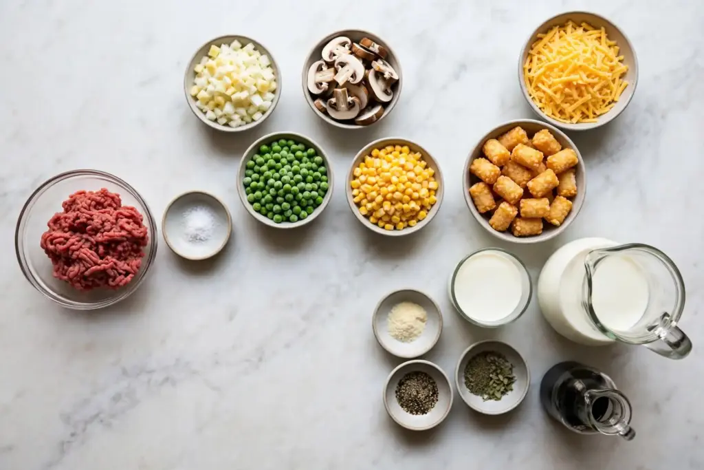 Cheesy Tater Tot Casserole Recipe (The One My Kids Actually Fight Over) 3 Tater tot casserole ingredients arranged in an overhead flat lay on a neutral background before prepping