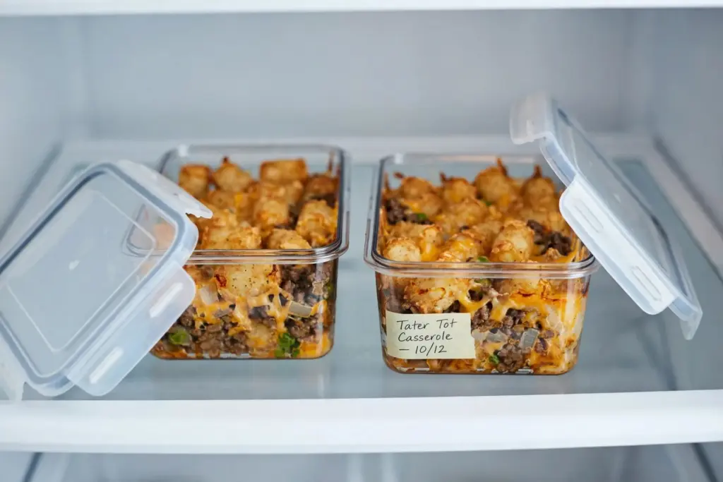 Cheesy Tater Tot Casserole Recipe (The One My Kids Actually Fight Over) 6 Tater tot casserole stored in an airtight container ready for the fridge or freezer