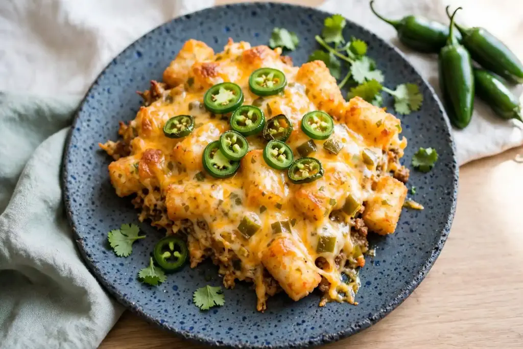Cheesy Tater Tot Casserole Recipe (The One My Kids Actually Fight Over) 7 Tater tot casserole variation showing the spicy pepper jack and jalapeño version