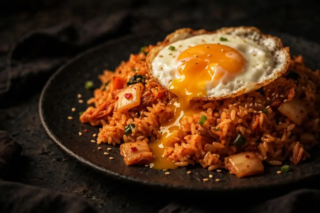 Kimchi fried rice topped with a fried egg, the spicy entry in this fried rice recipe list