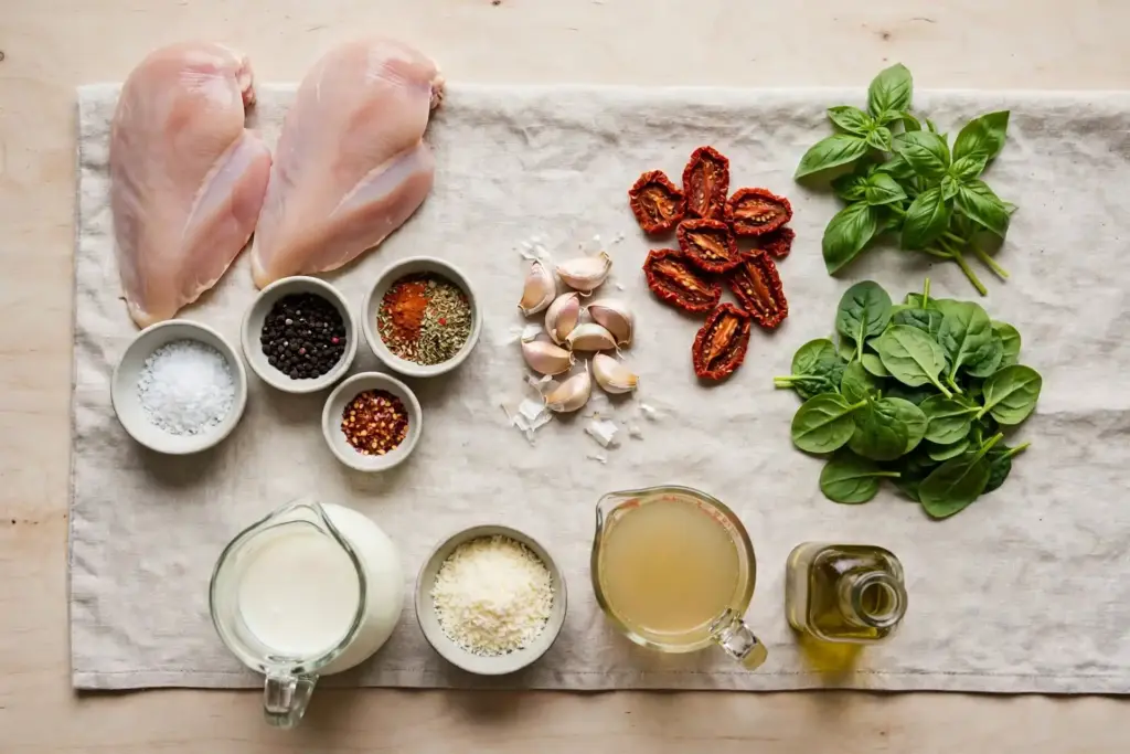 Marry me chicken ingredients arranged in an overhead flat lay on a neutral background before prepping