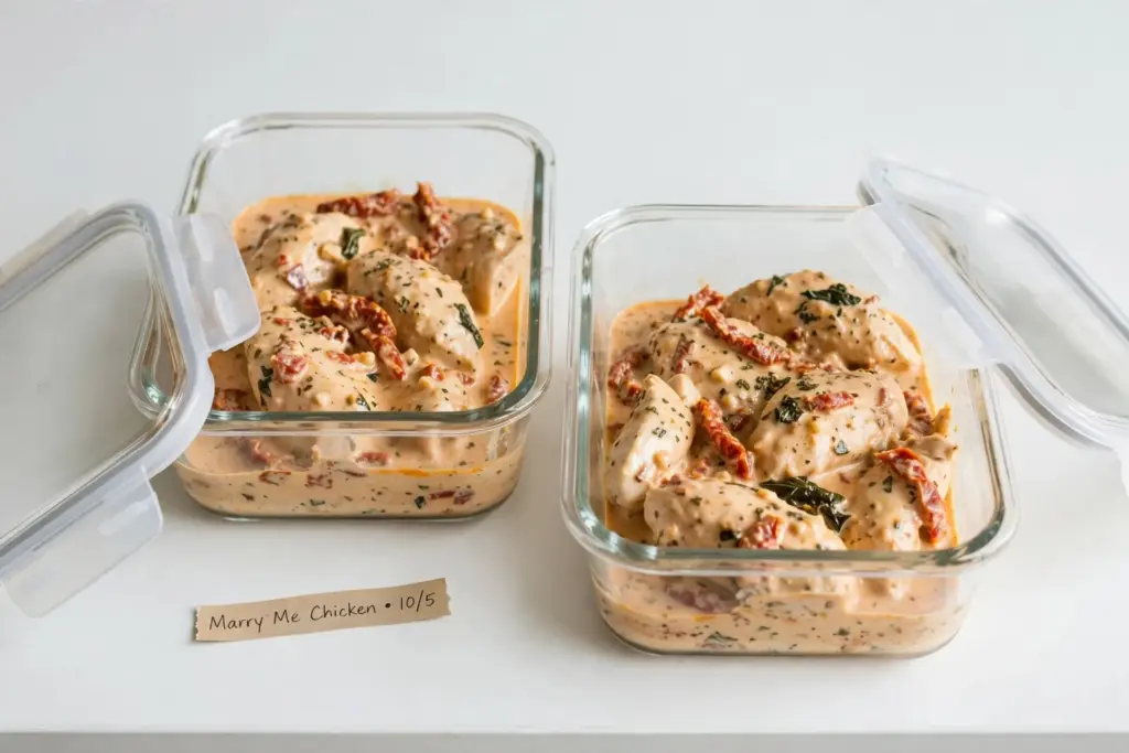 Marry me chicken stored in an airtight container ready for the fridge