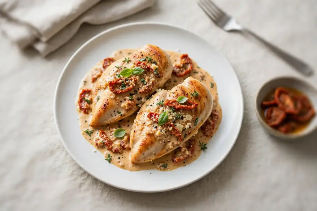 Marry me chicken, finished dish shown at a 45-degree angle in bright natural light with minimal props