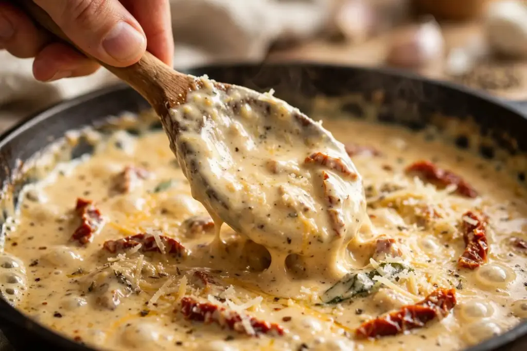 Close-up of marry me chicken sauce at the simmering stage, showing glossy texture and consistency