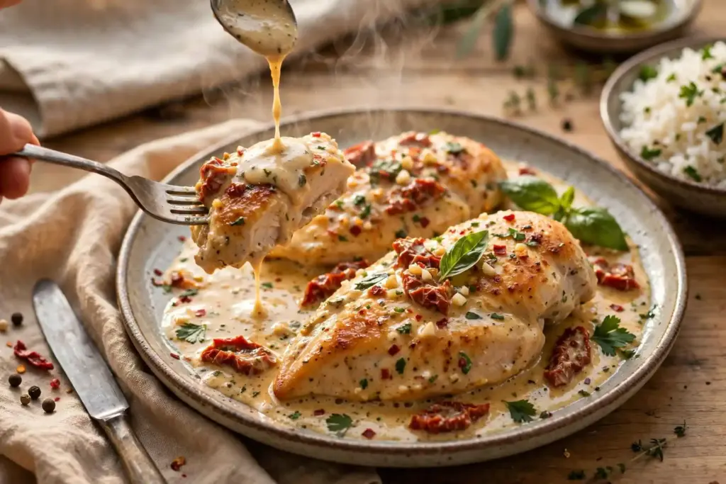 Marry me chicken plated and garnished for serving with a spoon drizzling extra sauce