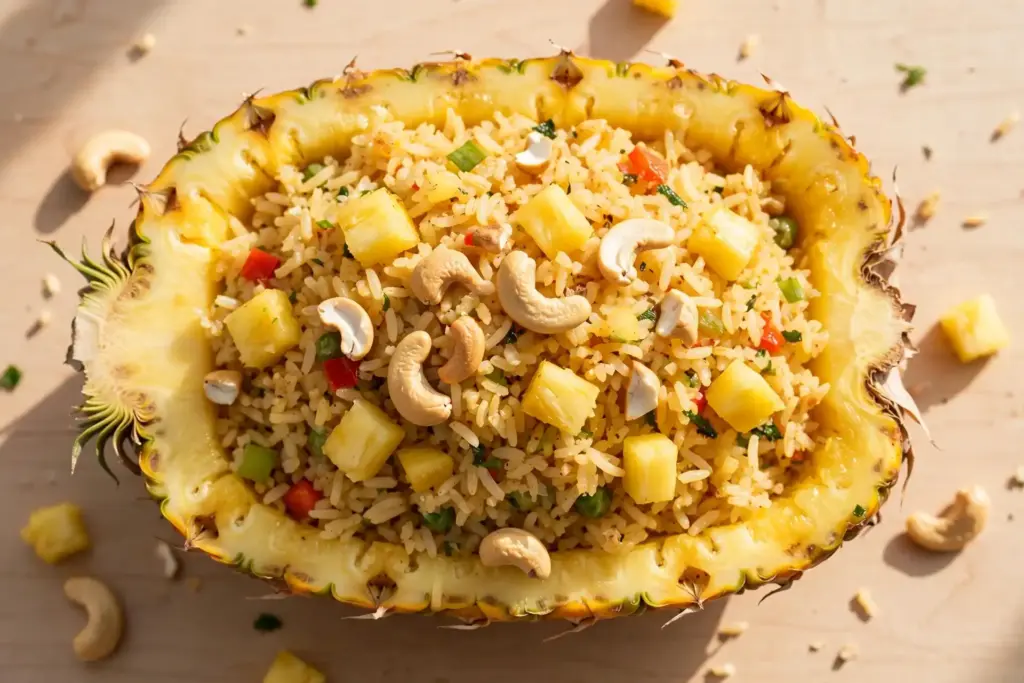 Pineapple fried rice served in a pineapple shell, a sweet and savory recipe from this roundup