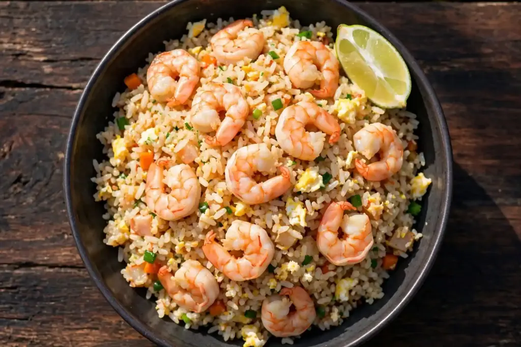 Overhead view of shrimp fried rice with lime, one of the 10 fried rice recipes in this list
