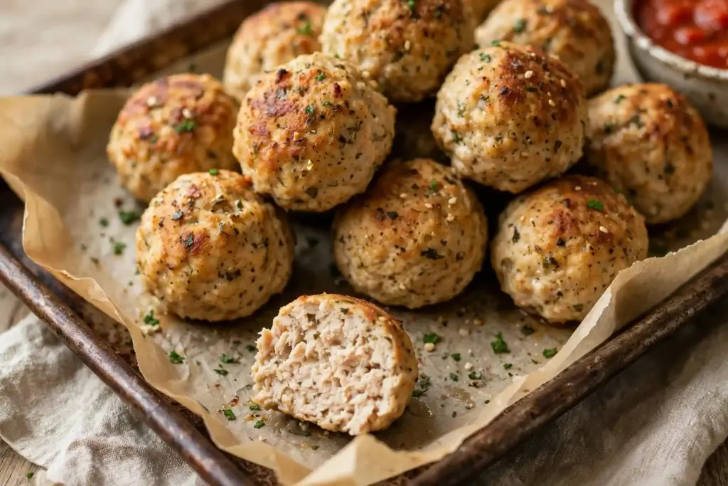 Baked ground chicken meatballs on a sheet pan with one cut open, part of this ground chicken recipes list