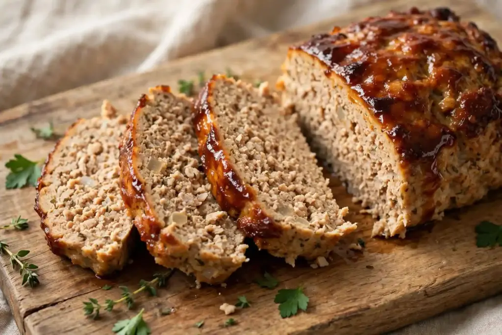 Sliced ground chicken meatloaf with a glazed top, part of this ground chicken recipes collection